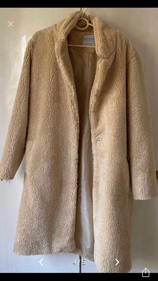 Bej Peluş Midi Kadın Kaban - Görsel 4