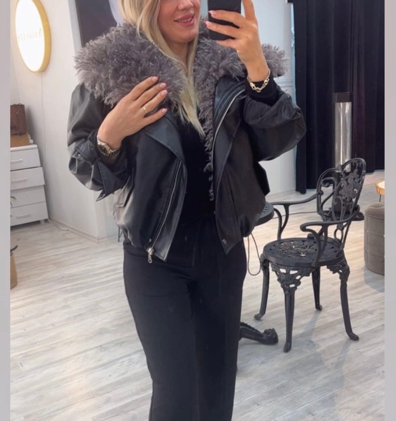 Kadın Gri Kürklü Siyah Deri Ceket standart bedendir - Görsel 2