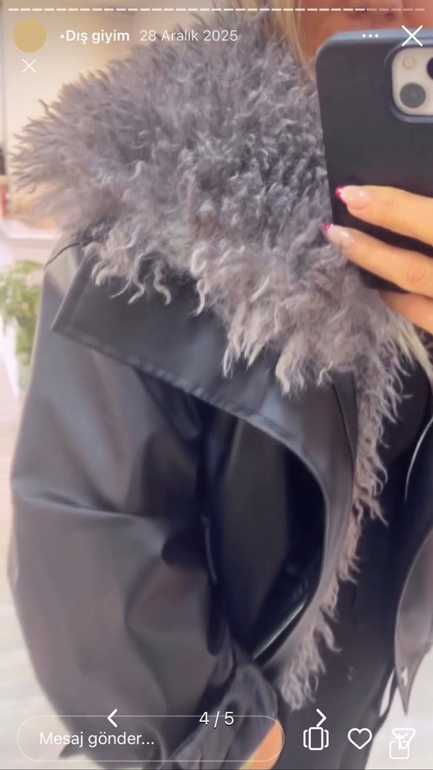 Kadın Gri Kürklü Siyah Deri Ceket standart bedendir - Görsel 4