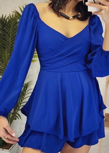 Kadın saks mavisi şortlu elbise - Görsel 2