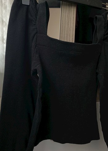 Kare yaka siyah renk fitilli bluz - Görsel 3