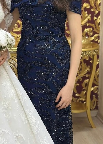 Boncuk İşlemeli Lacivert Uzun Abiye Elbise - Görsel 2