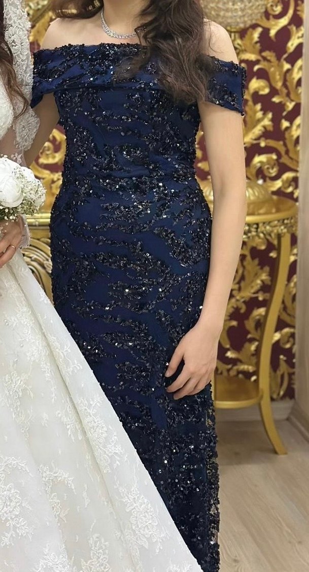 Boncuk İşlemeli Lacivert Uzun Abiye Elbise - Görsel 2