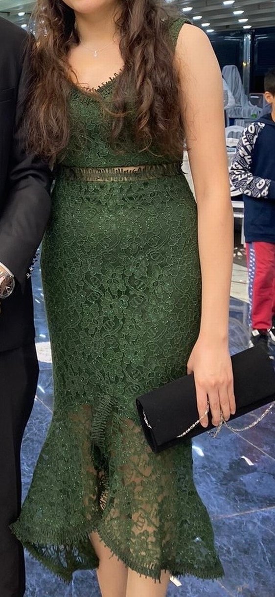 Dantel Detaylı Yeşil Simli Kalın Askılı Midi Abiye Elbise - Görsel 2