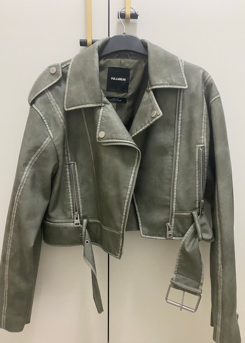 Gri Deri Kemerli Biker Ceket - Görsel 2