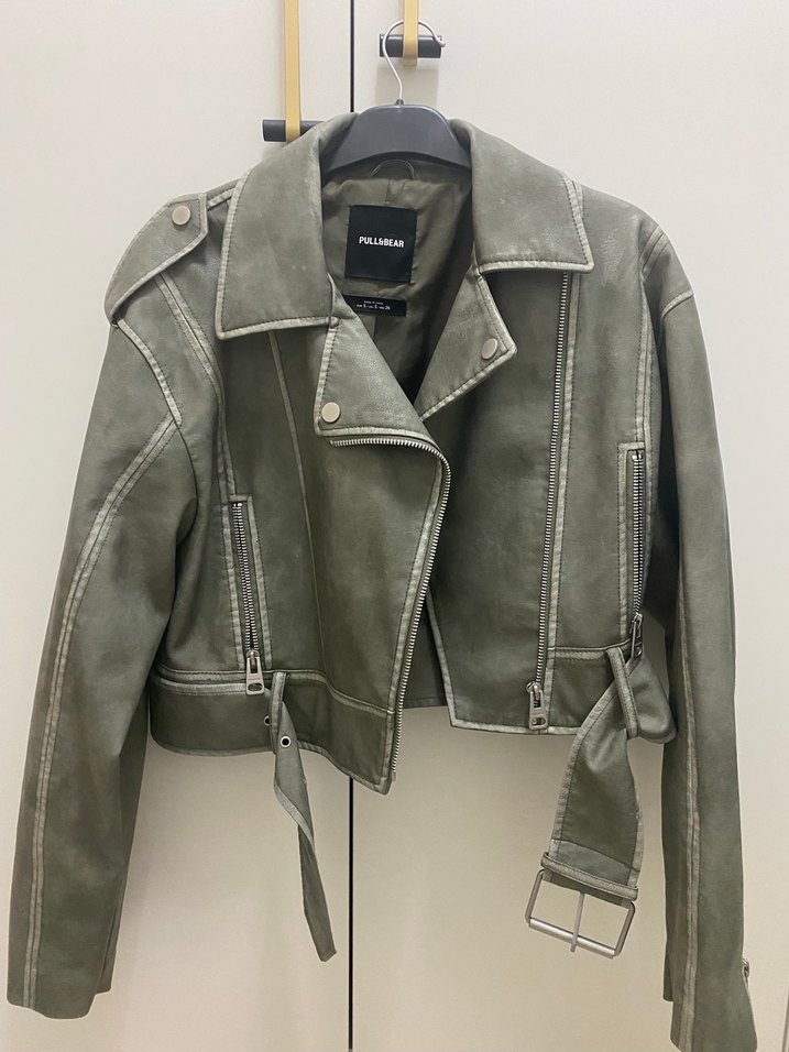 Gri Deri Kemerli Biker Ceket - Görsel 2