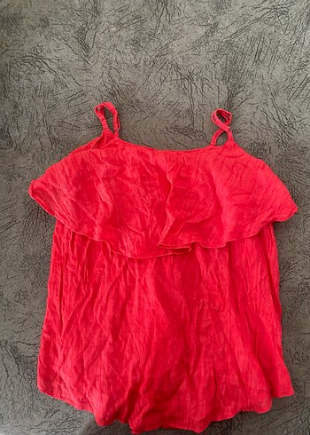 Kırmızı Keten Fırfırlı Askılı Bluz - Görsel 2