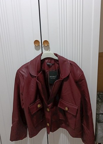 Bordo Deri Kadın Ceket, Düğmeli, İnce Kesim - Görsel 3