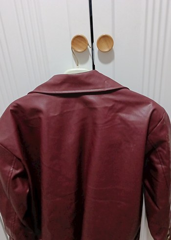 Bordo Deri Kadın Ceket, Düğmeli, İnce Kesim - Görsel 2