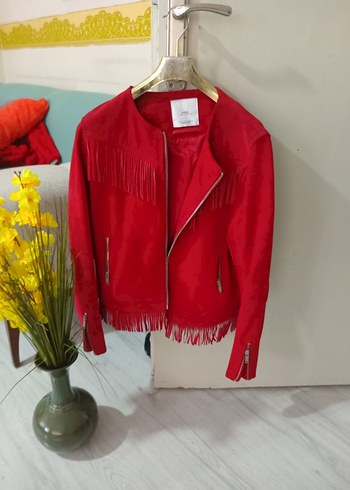 Kısa Kırmızı Süet Püsküllü Kadın Deri Ceket - Görsel 2