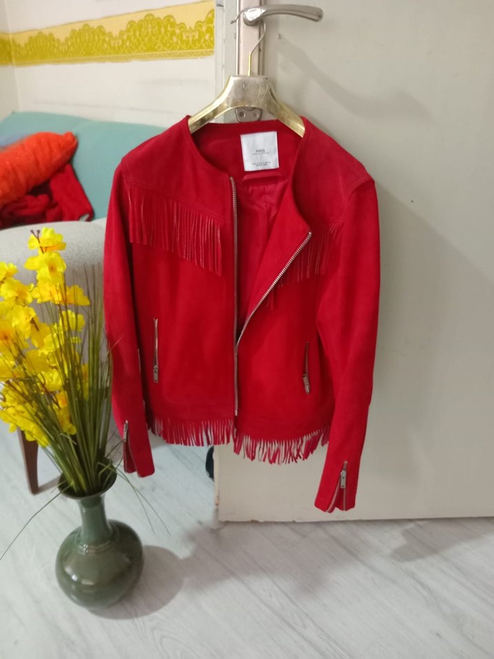 Kısa Kırmızı Süet Püsküllü Kadın Deri Ceket - Görsel 2