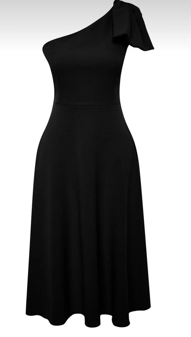 Tek Omuzlu Siyah Midi Elbise - Görsel 2