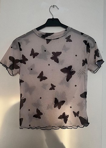 Kelebek Desenli  Transparan Tül Bluz - Görsel 2