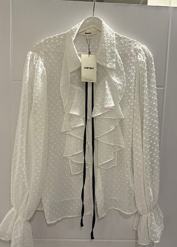 Uzun Kollu Fırfırlı Beyaz Bohem Gömlek hiç giyilmedi etiketli - Görsel 4