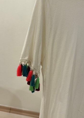 Püsküllü Bohem Tarz Beyaz Kadın Tişört L beden - Görsel 2