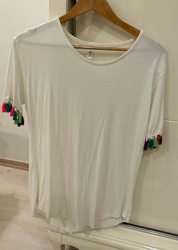 Püsküllü Bohem Tarz Beyaz Kadın Tişört L beden - Görsel 3