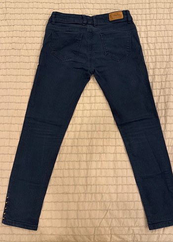 Düğmeli Koyu Mavi Kadın Denim Pantolon - Görsel 4