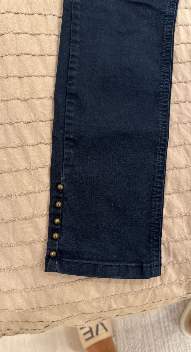 Düğmeli Koyu Mavi Kadın Denim Pantolon - Görsel 2