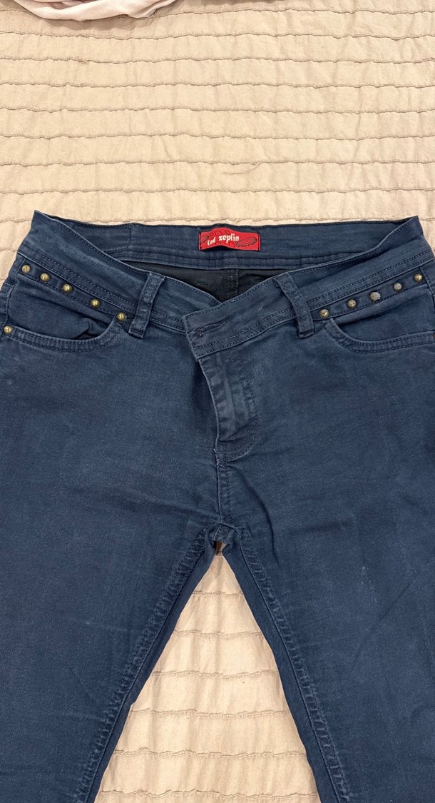 Düğmeli Koyu Mavi Kadın Denim Pantolon - Görsel 3