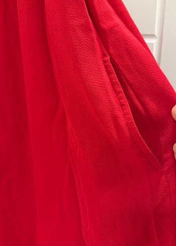 Kırmızı V Yakalı Salaş Midi Elbise - Görsel 5