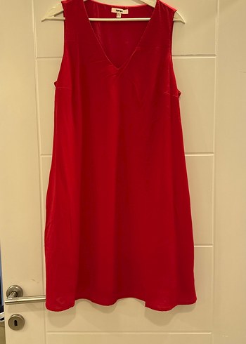 Kırmızı V Yakalı Salaş Midi Elbise - Görsel 2