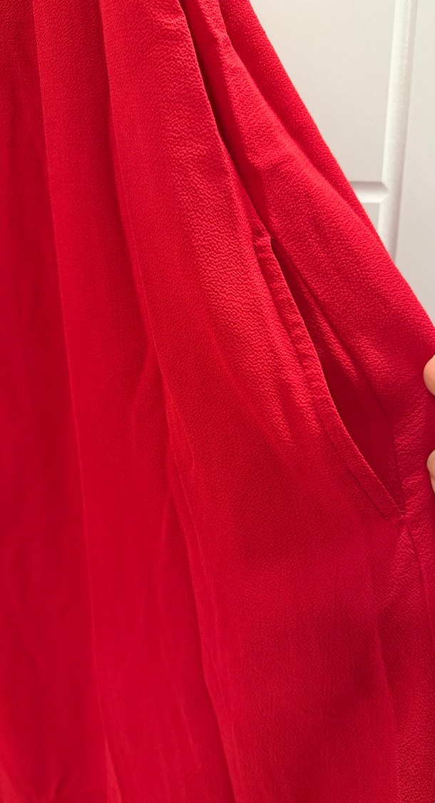 Kırmızı V Yakalı Salaş Midi Elbise - Görsel 5