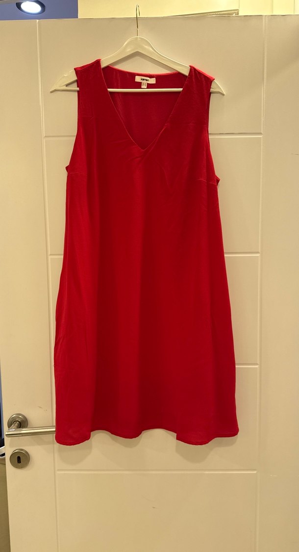 Kırmızı V Yakalı Salaş Midi Elbise - Görsel 2