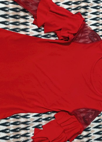 Uzun Kollu Kırmızı Fırfırlı Mini Kadın Bluz - Görsel 2