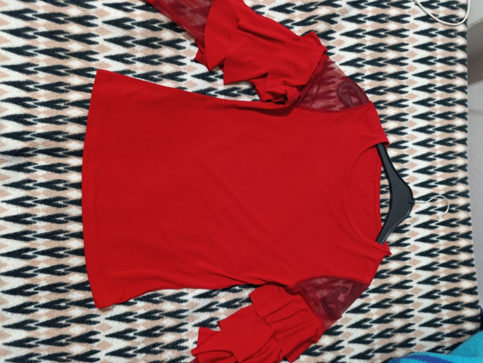 Uzun Kollu Kırmızı Fırfırlı Mini Kadın Bluz - Görsel 2