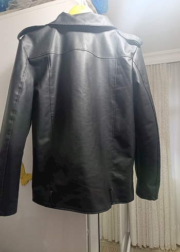 Gri Deri Biker Ceket Düğmeli V Yakalı - Görsel 4