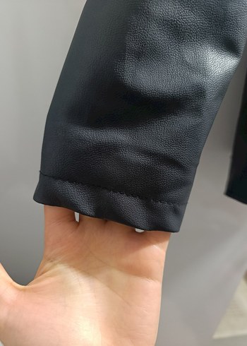 Gri Deri Biker Ceket Düğmeli V Yakalı - Görsel 3