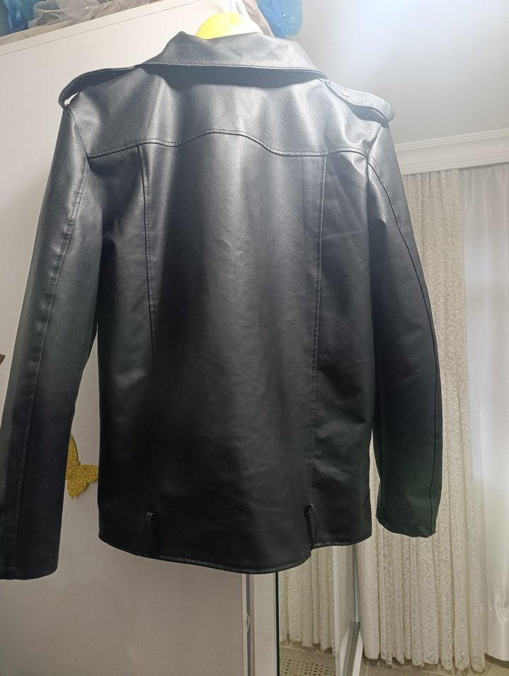 Gri Deri Biker Ceket Düğmeli V Yakalı - Görsel 4