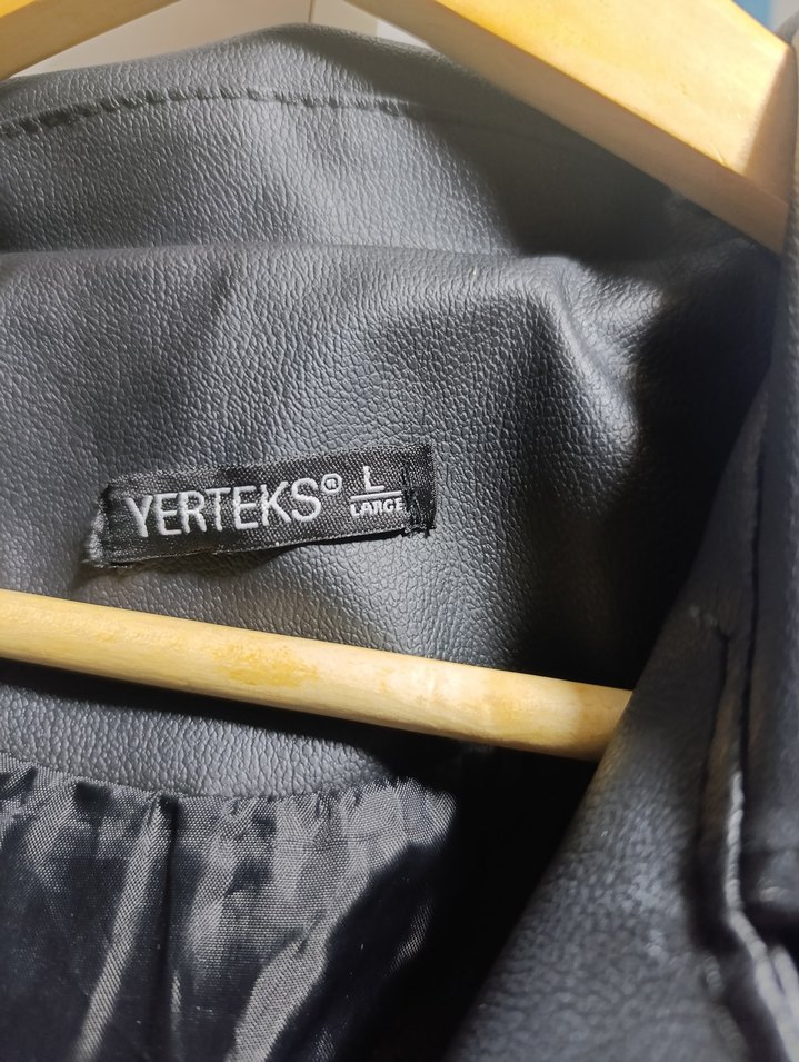 Gri Deri Biker Ceket Düğmeli V Yakalı - Görsel 2