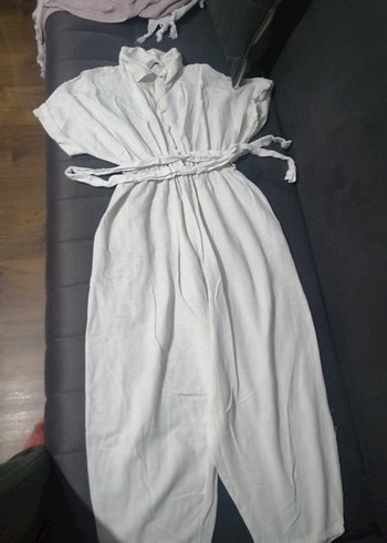 Düğmeli Beyaz Keten Kadın Tulum - Görsel 2