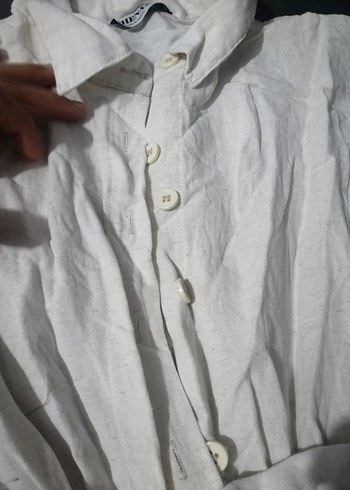 Düğmeli Beyaz Keten Kadın Tulum - Görsel 3