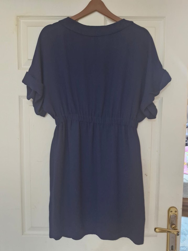 Lacivert Midi V Yakalı Kemerli Elbise - Görsel 2