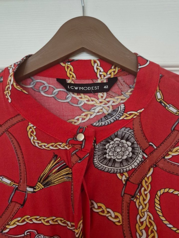 Kırmızı Zincir Desenli Bohem Elbise - Görsel 4