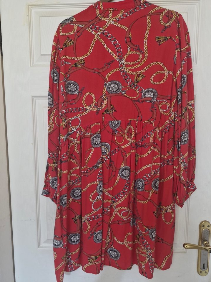 Kırmızı Zincir Desenli Bohem Elbise - Görsel 2