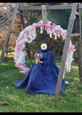 Boncuk İşlemeli Uzun Mavi Abiye Elbise - Görsel 3