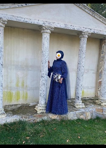 Boncuk İşlemeli Uzun Mavi Abiye Elbise - Görsel 2