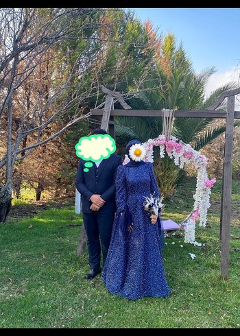 Boncuk İşlemeli Uzun Mavi Abiye Elbise - Görsel 4