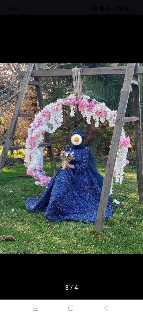 Boncuk İşlemeli Uzun Mavi Abiye Elbise - Görsel 3