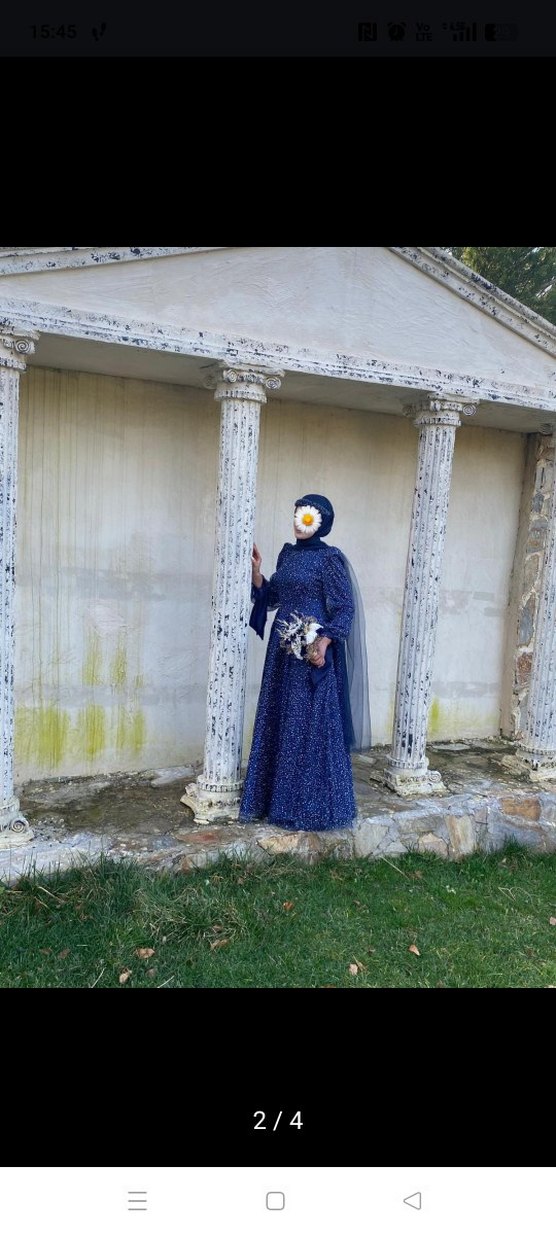 Boncuk İşlemeli Uzun Mavi Abiye Elbise - Görsel 2