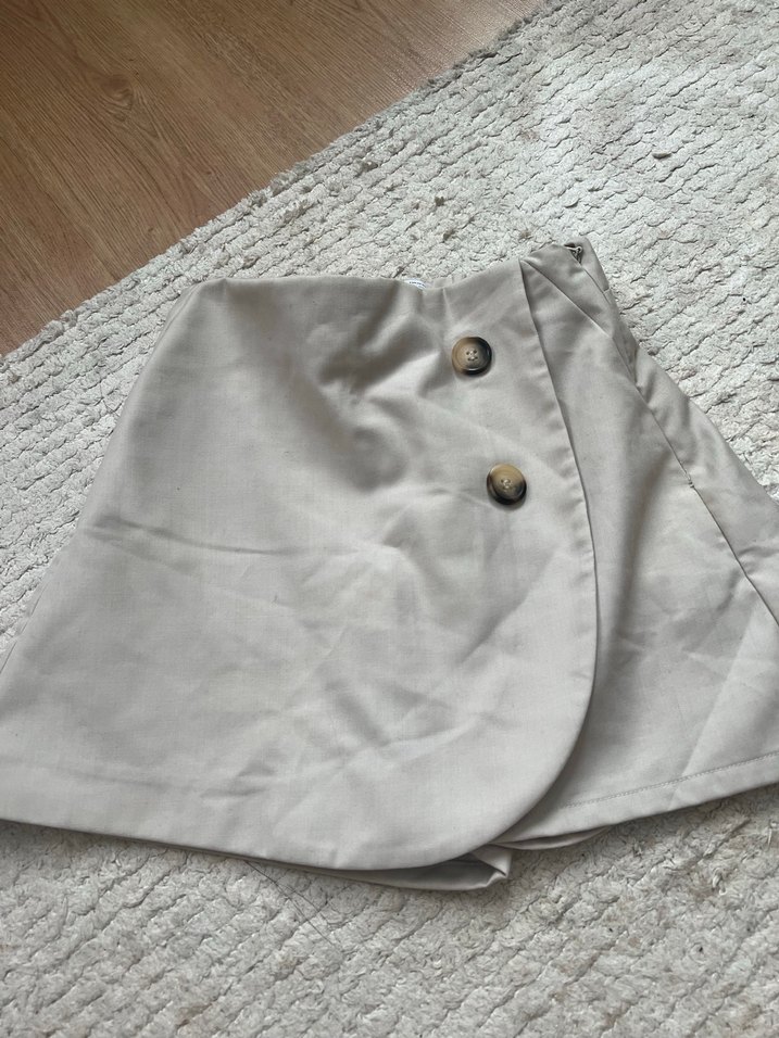 Düğmeli Bej Keten Hamile Mini Etek - Görsel 4