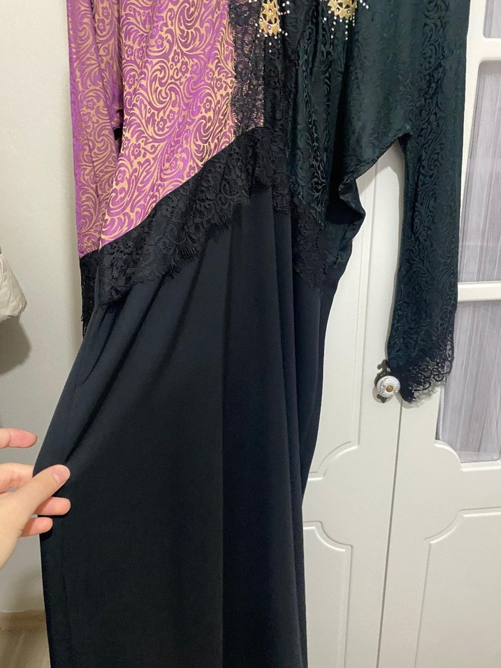 Uzun Mor ve Siyah Salaş Kadın Elbise - Görsel 3