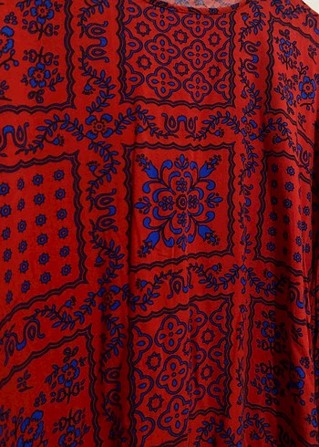 Uzun Kırmızı Bohem Bağlama Desenli Elbise - Görsel 3