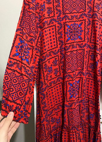 Uzun Kırmızı Bohem Bağlama Desenli Elbise - Görsel 2