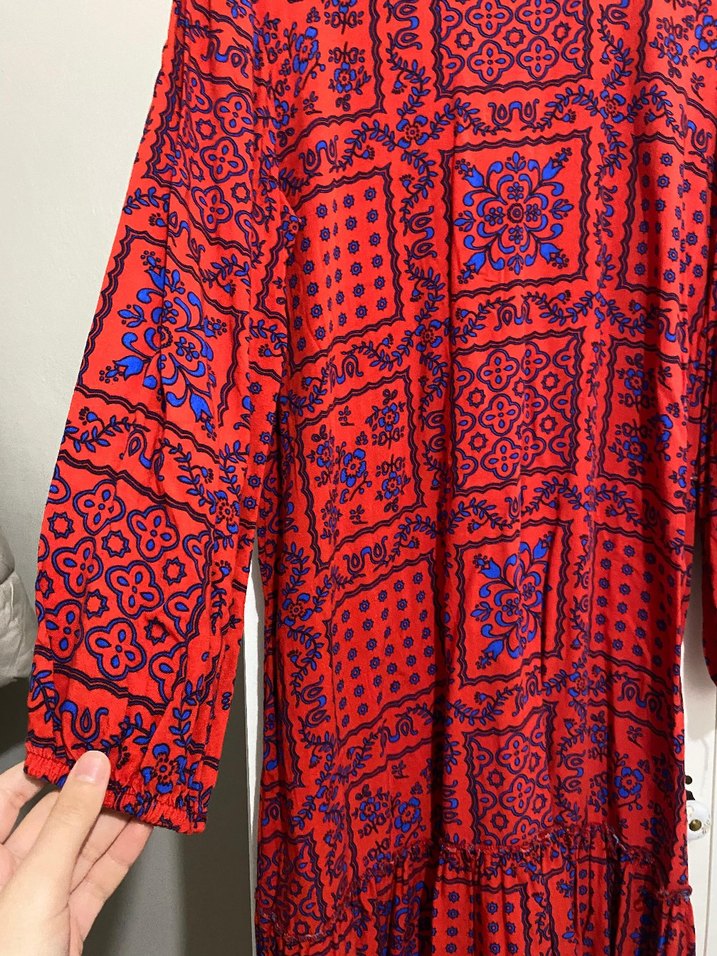 Uzun Kırmızı Bohem Bağlama Desenli Elbise - Görsel 2