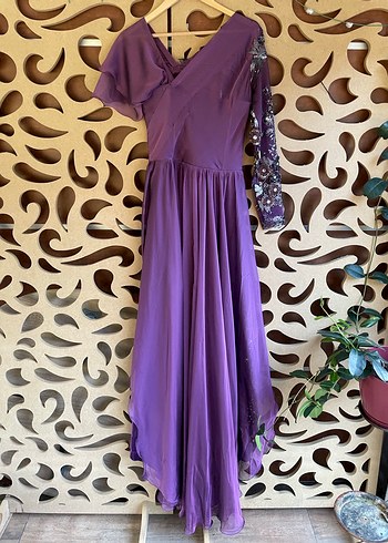 Kadın Mor Uzun Drapeli Straplez Elbise - Görsel 3