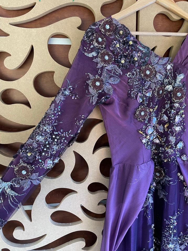 Kadın Mor Uzun Drapeli Straplez Elbise - Görsel 2